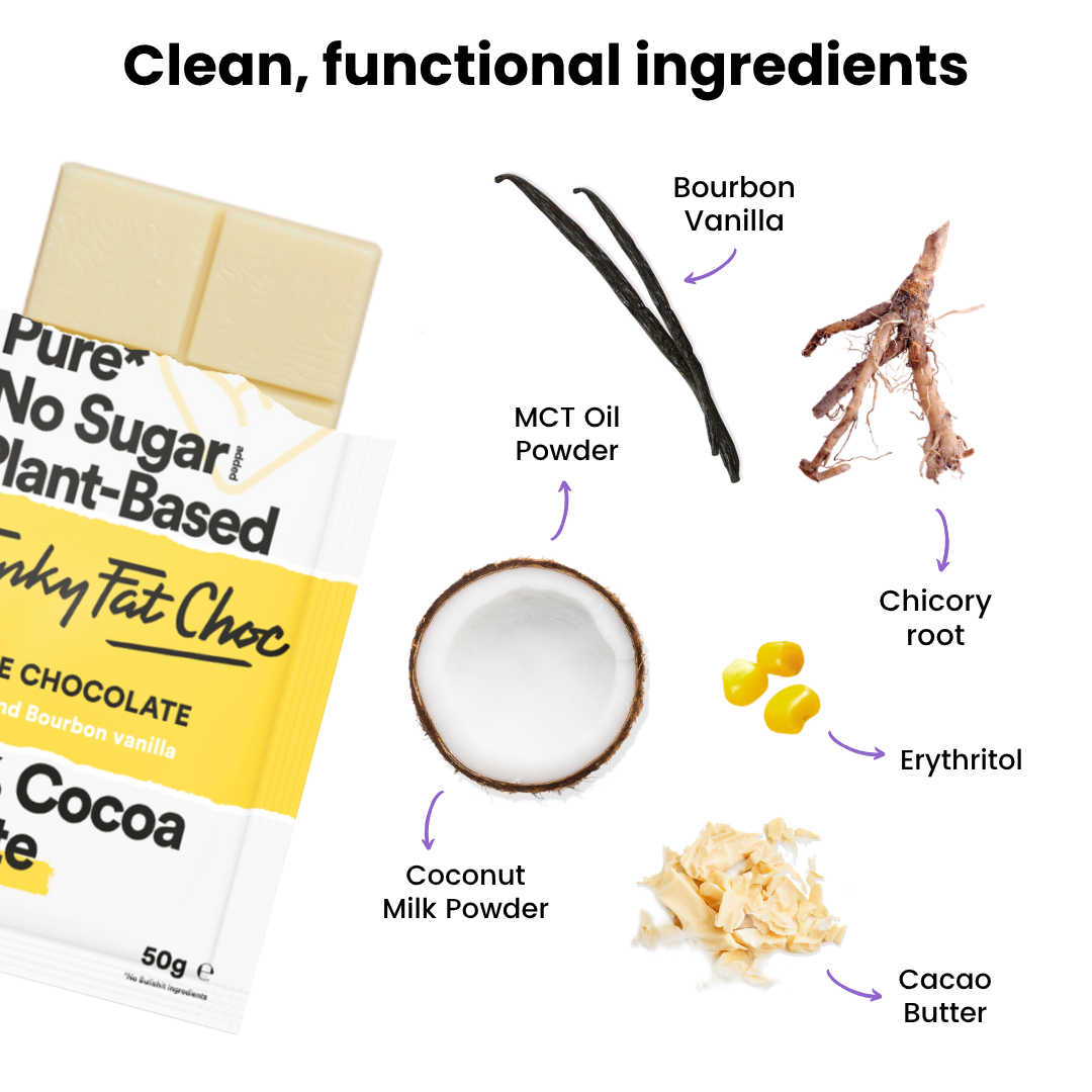Funky Fat Choc White + Bourbon Vanilla - 10 bars - funkyfatfoods.com